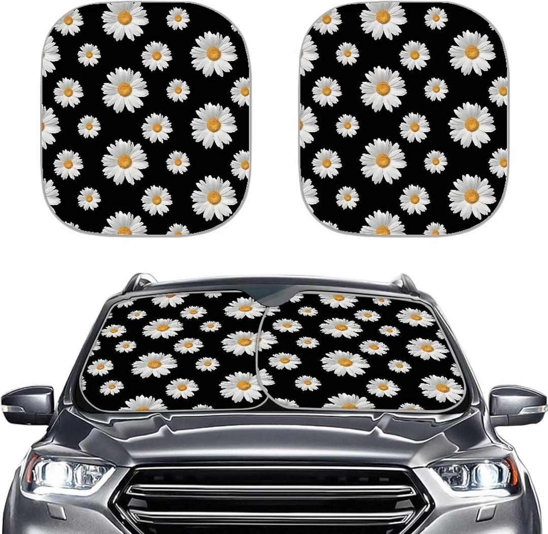 Howilath White Daisy Flowers 2 Piece Heat Insulation Funny Car Sunshades for Windshield Heat Insulation Foldable Sun Shade (White Daisy Flowers - White)