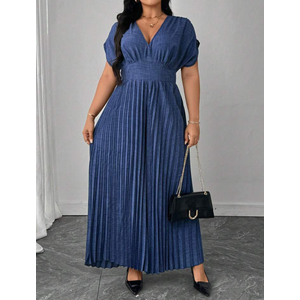 Franclia Plus Size Women's Elegant Solid Color Faux Denim Fabric Gathered Shoulder Jumpsuit, Short Sleeve, Business Casual Formal Office Wear, Commuter Attire, 96% Polyester, 4% Elastane, SIZE M
