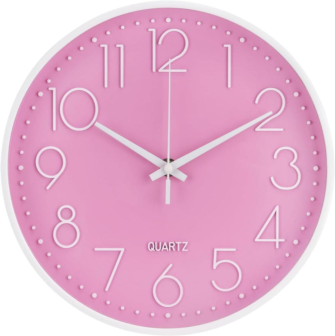Wall Clock Non-Ticking Silent Modern Simple Style Round Decor Clock Stereoscopic Dial Quartz Wall Clocks for Home/Office/School/Living Room/Bedroom/Kitchen (Pink, 12inch)