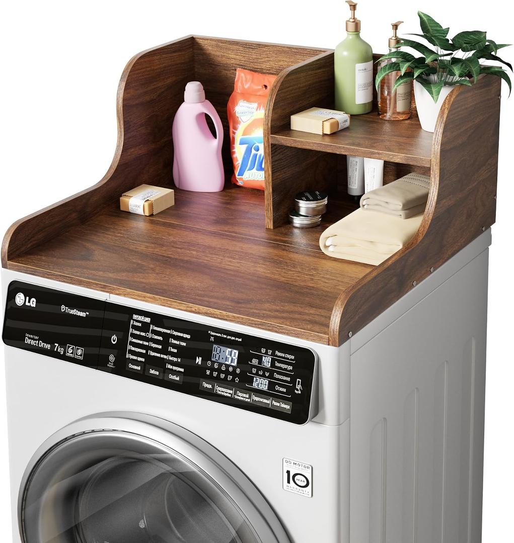 DTK Washer Dryer Countertop with Shelf,27.5" D x 27" W x 11.8" H Wood Countertop for Washer and Dryer,Laundry Countertop with Anti-Slip Strips and Edge Rails,Dryer Countertop for Laundry Room(Walnut)