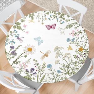 Spring Summer Flower Round Fitted Tablecloth with Elastic Edge Wipeable Table Cloth Waterproof Reusable Outdoor Table Cover for Kitchen Picnic Patry Indoor Fits 36-40" Diameter Round Tables
