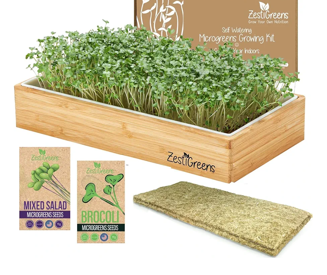 Self-Watering Microgreens Growing Kit – Easiest Way to Grow Fresh Microgreens at Home. Includes Reusable Tray, Organic Seeds, Grow Mats & Stylish Bamboo Frame – No Soil, No Mess (Salad & Broccoli)