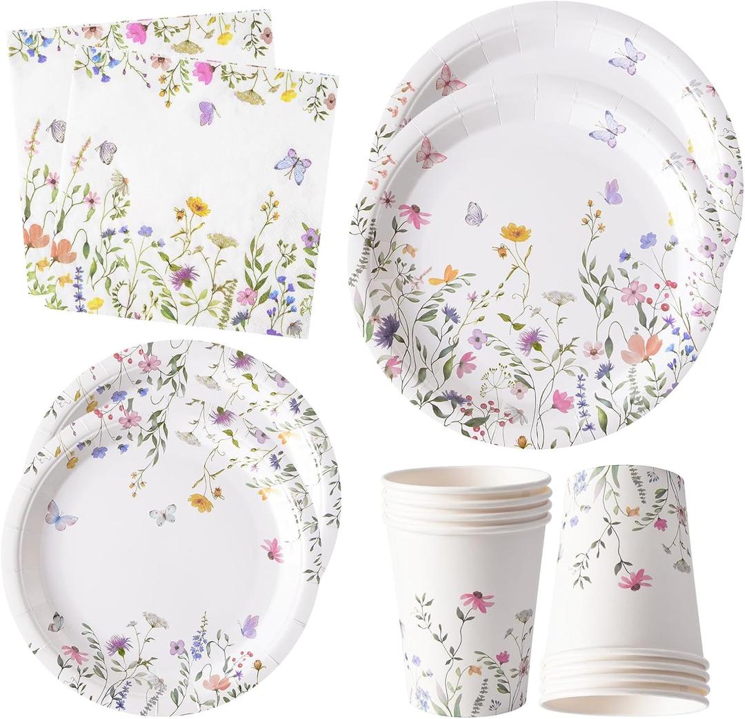 96PCS Wildflower Paper Plates and Napkins, Disposable Floral Plates for Bridal Shower, Garden Party, Wedding, Mother's Day, Spring Party, Baby Shower, Afternoon Tea Party