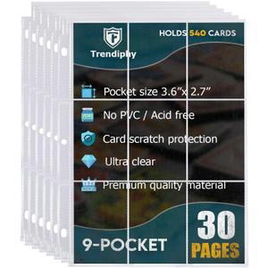 540 Pockets Trading Card Sleeves, Premium 9-Pocket 30 Pages, Double-Sided Baseball Binder Sleeves, Protectors Binder Sheets for Baseball Cards & More - Fits 3 Ring Binder (30 Sheets)