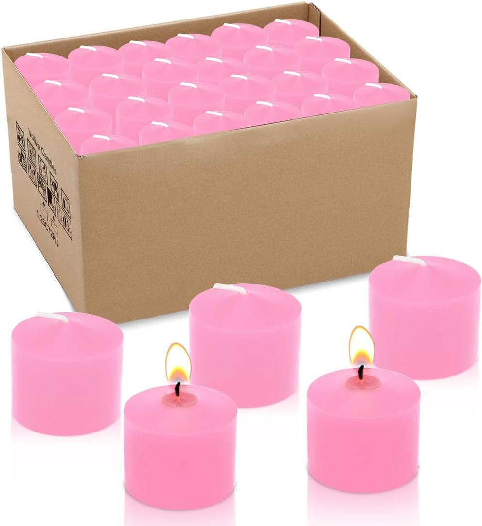 72 Packs Unscented Pink Votive Candles in Bulk, Small Wax 1.5 Inch Diameter Pastel Colored Candles for Wedding, Party & Home Dinner Table (8 Hour), 1.5" D x 1.25" H