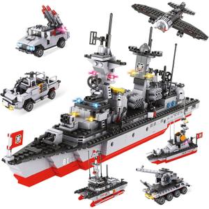 1296 Pieces City Police Set Aircraft Carrier Blocks Set, 6 in 1 Military Warship Battleship Building kit with Airplane, Boat, Cop Car, Tank, Creative Roleplay Ship Gift Toys for Kids Boys 6-12 Years