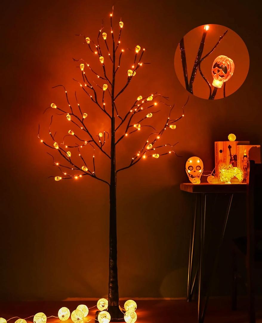 Halloween Tree, 6FT Black Spooky Outdoor Lighted With 96LED Orange Lights and 24 Pumpkin Ornaments for Halloween Christmas