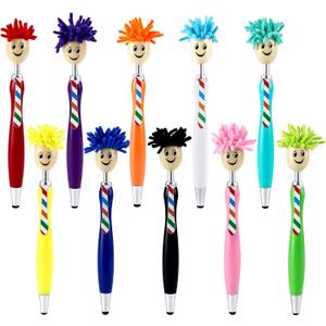 10Pcs Mop Head Pens Fun Mop Ballpoint Pen with Plush Hair Smile Face Toppers Multifunctional Novelty Cartoon Click Signing Stylus Pens for Office Supplies Funny Pen Birthday Gifts for Adults (Multicolor)