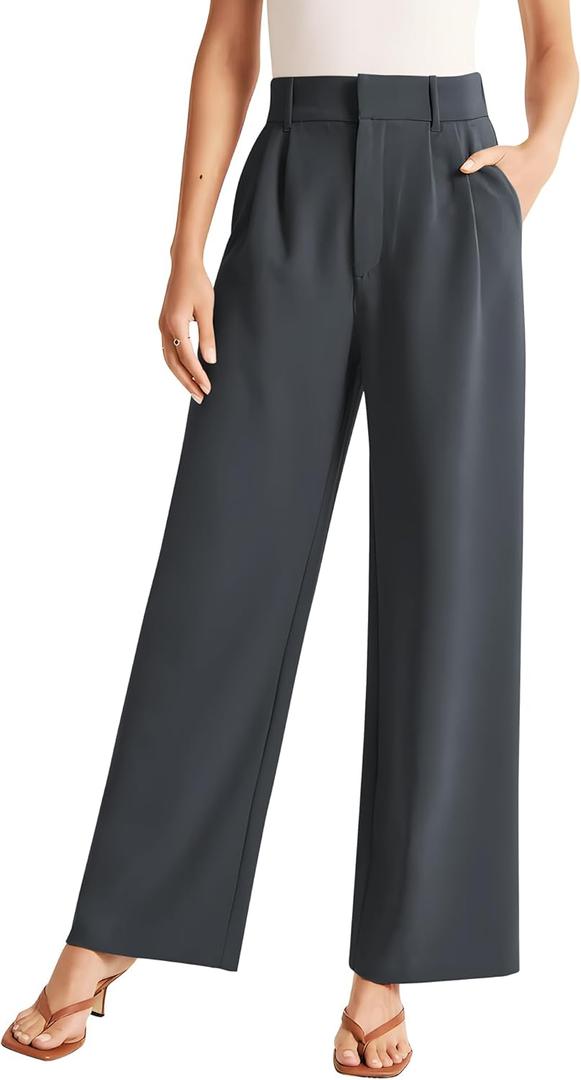 Sarin Mathews High Waisted Wide Leg Pants for Women Business Casual Dress Pant Palazzo Long Work Trousers with Pockets (Gray, L)