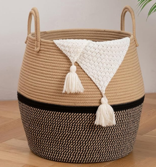 OIAHOMY 60L Blanket Basket with Handle, Storage Basket for Living Room, Laundry Hamper for Clothes, Towels, Pillows, Toy Storage for Kids and Dogs, Baby Hamper for Nursery  Brown & Black