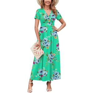 WEACZZY 2026 Summer Long Dresses for Women Wrap Empire Pleated Waist V Neck Short Sleeve Elegant Maxi Dress with Pockets (XXL)