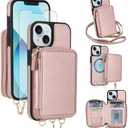 Phone Case for iPhone 13/14 6.1 inch Wallet Zipper Cover With Screen Protector Crossbody Lanyard Strap 2-in-1 Detachable RFID Blocking Flip iPhone13 iPhone14 5G i i-Phone i13 i14 Women Men Rose Gold