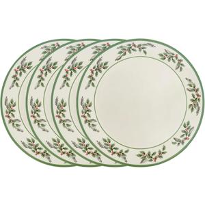 Spode Christmas Tree Holly Dinner Plates, Set of 4-10 Inch Stoneware with White Center & Holly Accents - Festive Holiday Tableware, Microwave, Dishwasher & Freezer Safe, Seasonal Dining Essentials