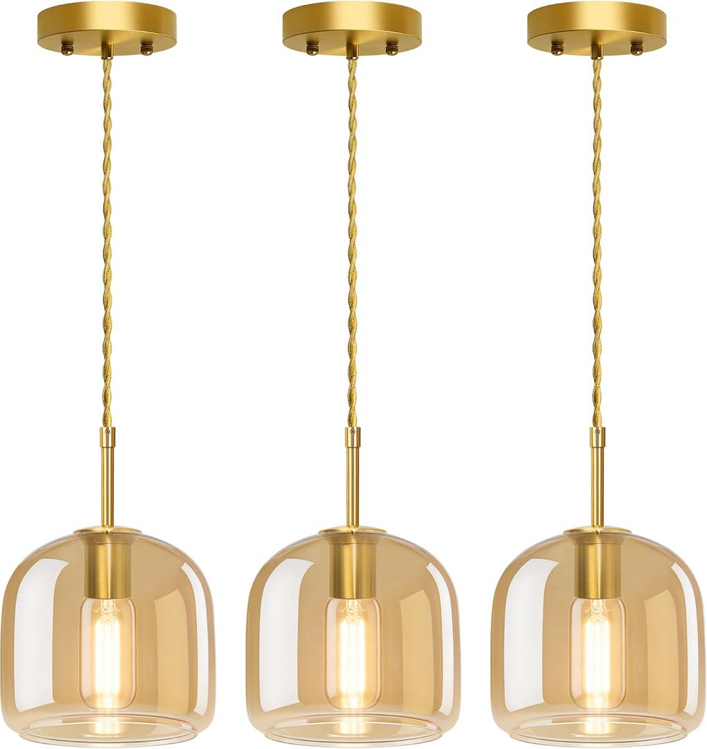 Pendant Lights 3 Pack,Pendant Kitchen Island Light with Amber Glass Shade,Gold Pendant Light Adjustable Hanging Light for Dining Room,Kitchen Island,Hallway,Living Room and Coffee Shop
