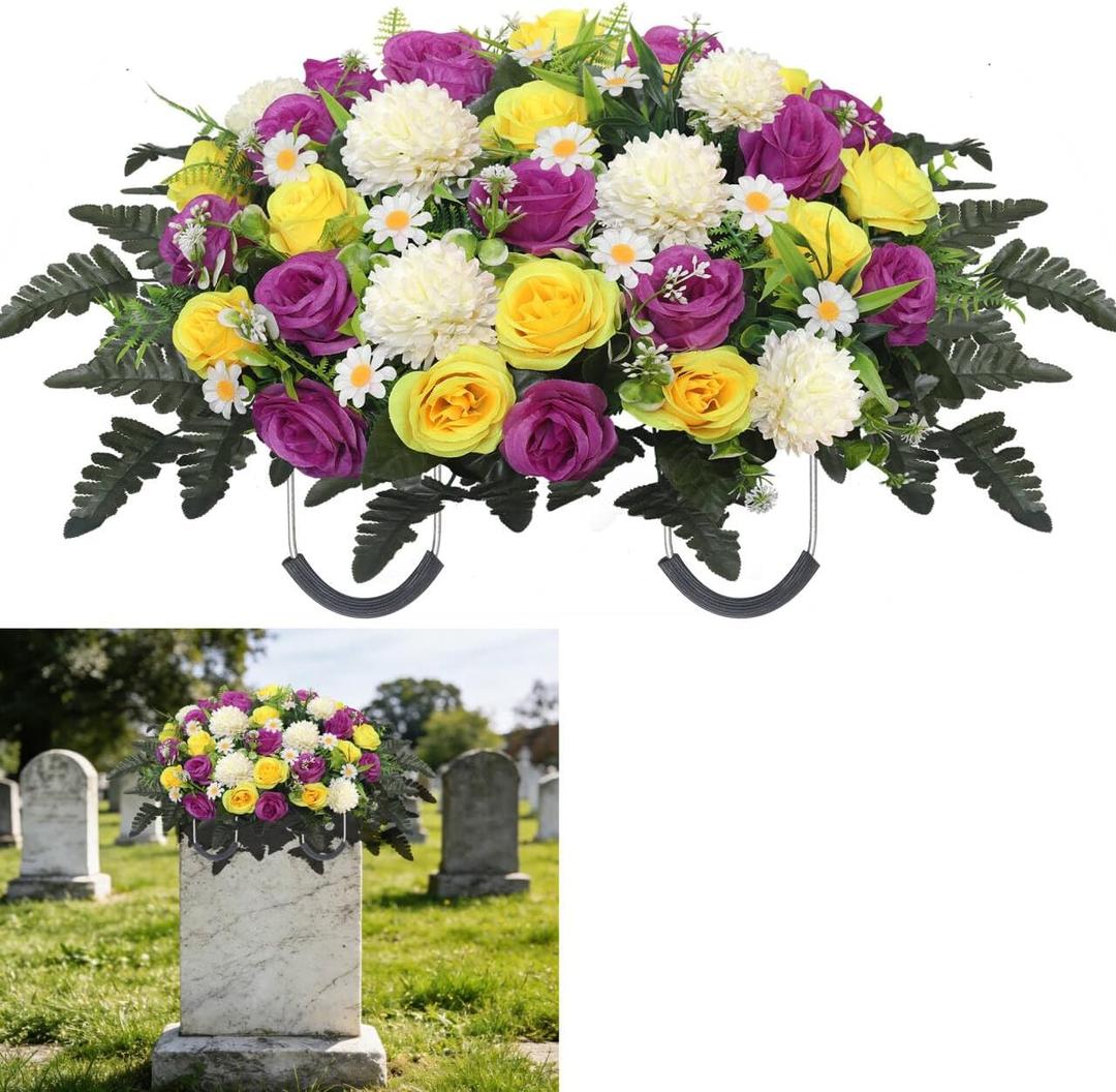 Wocst Headstone Flower Saddle,Large Artificial Cemetery Flowers for Grave Roses & Chrysanthemums Cemetery Memorial Flowers for Outdoor Grave Decorations (Purple)