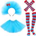 4PCS Blue Tulle Tutus Costume Set Mesh Tutus Skirt Puffy Headband Bow Socks Arm Gloves for Women World Book Day Halloween Cosplay Party Dress-Up Festival Costume Accessories Outfit