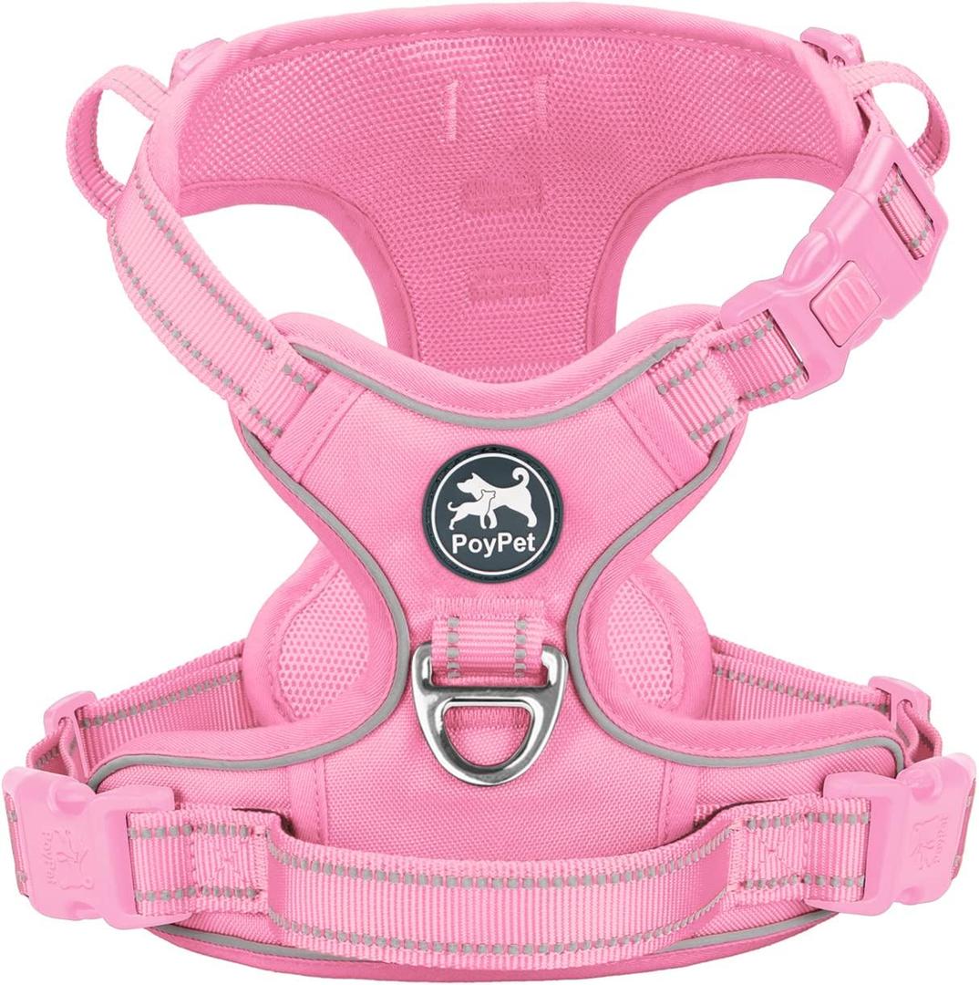 PoyPet No Pull Dog Harness, No Choke Reflective Dog Vest, Adjustable Pet Harnesses with Easy Control Padded Handle for Dogs(Light Pink Matching Trim,S)