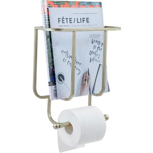 MyGift 2-in-1 Bathroom Magazine Rack with Toilet Paper Holder, Wall Mounted Bathroom Magazine Holder, Modern Brass Tone Metal Magazine Organizer Storage for Home or Office