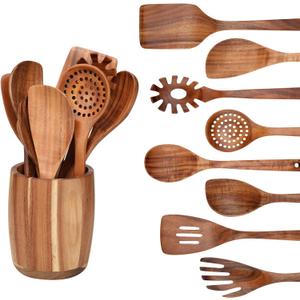 9 PCS Kitchen Utensils Set - Wooden Spoons for Cooking, Natural Teak Wooden Utensils - Includes Wooden Spoons, Spatula Set, Slotted Spoon - Handmade Wooden Spoon Set (12 pieces (Teak))