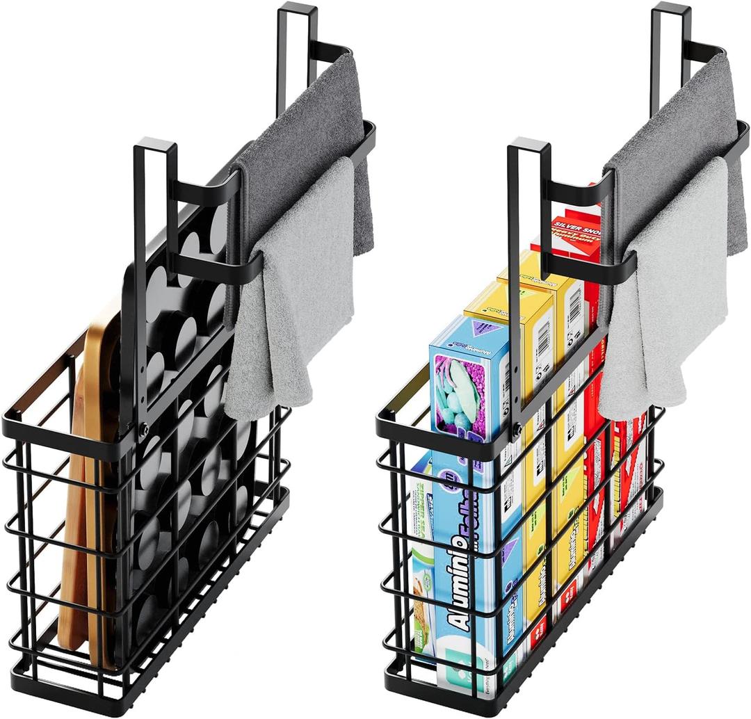 2 Pack Cabinet Door Organizer, Over The Cabinet Door Organizer with Double Towel Bar, Cutting Board Organizer, Kitchen Cabinet Towel Holder with Foil and Wrap Organizer