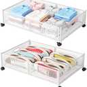 Under Bed Storage with Wheels, Foldable Metal Mesh Underbed Storage Container Bins, Tool-free Assembly Clothes Drawer Organizer, 2Pack (White)