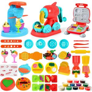 Aprilwolf 59 PCS 3 in 1 Dough Sets for Kids Ages 3-4-8, Art Crafts Dough Tools Kit, Ice Cream Playset Noodle Hamburger Maker Machine, Kitchen Creations Food Play Toys Toddlers Boys Girls