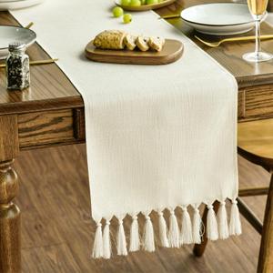 Artoid Mode Beige Tassel Table Runner, Boho Linen Blend Rustic Farmhouse Style Kitchen Table Decoration Holiday Wedding Party Dinning Decor 13x48 Inch