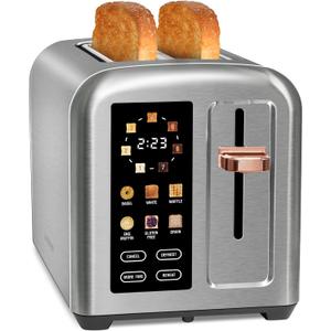SEEDEEM Toaster 2 Slice, Touch Control Stainless Toaster LCD Display, 50% Faster Heating Speed, 1.4'' Wide Slots, More Timer Functions, Removable Crumb Tray, 1350W, Silver White