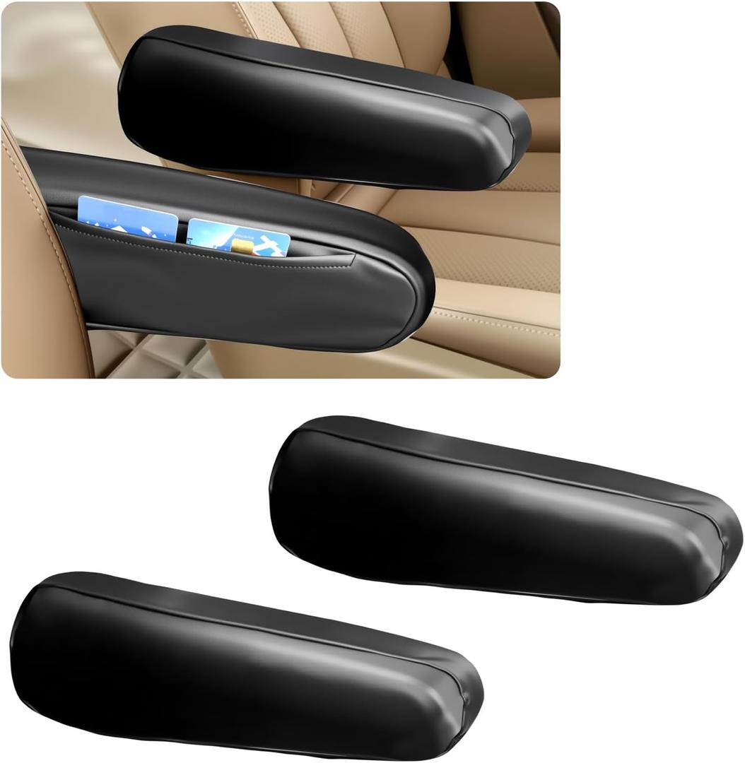 2PCS Car Armrest Cover,Leather Arm Rest Cover for Car with Side Pockets for Avoiding Scratches and Scuffs,Upgraded Cars Arm Rest Covers Pad as Cars Storage for Most Vehicles