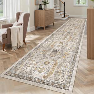 Madane Hallway Runner Rug 2'6''x12' Kitchen Runner, Non Slip Vintage Runners for Hallways Washable Kitchen Rugs Soft Low Pile 2.5x12 ft Rug Runner for Laundry Room, Entryway and Bedroom, Brown/Gold
