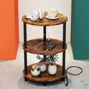 Small Round Side Table - 3-Tier Oval Accent Table for Small Spaces, Rustic Wood and Metal Nightstand for Living Room or Bedroom, with Built-in USB Ports and Power Outlet, Rustic Brown (1-Pack)