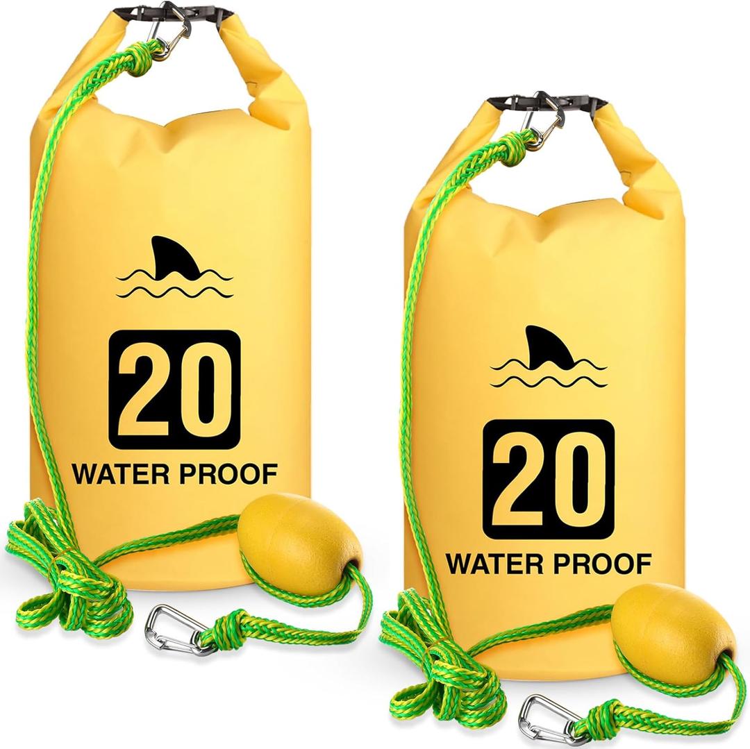 2 Set 20L Sand Anchor Heavy Duty Buoy Kit 2 in 1 Kayak Anchor Floating Waterproof Dry Bag with High Visibility Float Rope for Lake Beach Boat Hiking Camping Water Sports Surfing Kayaking(Yellow)