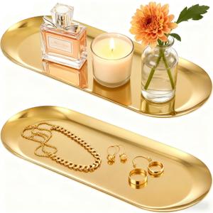 2PACK Gold Decorative Tray, Bathroom Vanity Tray for Dresser Counter, Stainless Steel Jewelry Dish Tray for Decor, Perfume Ring Key Candle Organizer Tray, Oval