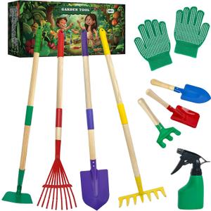 9Pcs Kids Gardening Tools Set - Toys with Shovel, Rake, Hoe and Leaf Rake for Outdoor Backyard Play, STEM Educational Toys, Ideal Christmas Birthday Gifts for Toddler Boys & Girls Ages 3 4 5