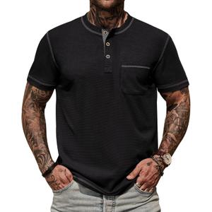 Mens Henley Shirts Casual Waffle Stretch Summer T-Shirt with Pocket (S-XXL) (Black, XXL)