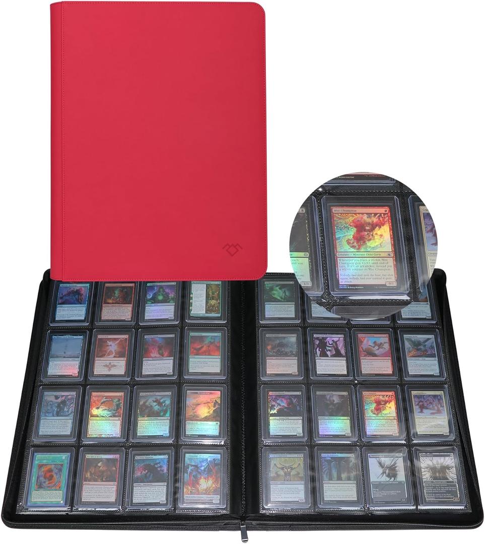 GrinOwl 16 Pocket Top loader Binder, Holds 640 Top Loaders, Large Top loader Card Binder with Sleeves for Cards in 3" x 4" Top loaders (Red)