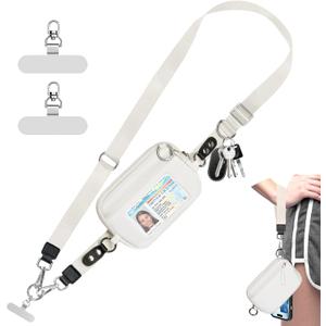 Clip and Go Strap for Phone with Wallet Crossbody Phone Lanyard Adjustable and Detachable RFID Wristlet Wallet with ID Window and Zipper, Cream