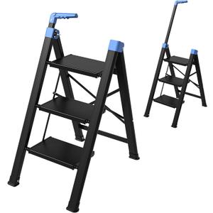 3 Step Ladder,Step Stool Foldable with Single-Handrail,Step Ladder with Anti-Slip Pedals for Home Kitchen Closet,Aluminum Sturdy Material,600lbs Max Load Capacity (Blue)