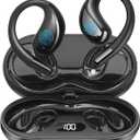 Open Ear Clip Wireless Earbuds Bone Conduction Headphones, Bluetooth 5.4, Open Ear Design for Running Fitness,OfficeBuilt-in Mic, IPX7 Waterproof, LED Display Charging Case,Ear Hooks Black
