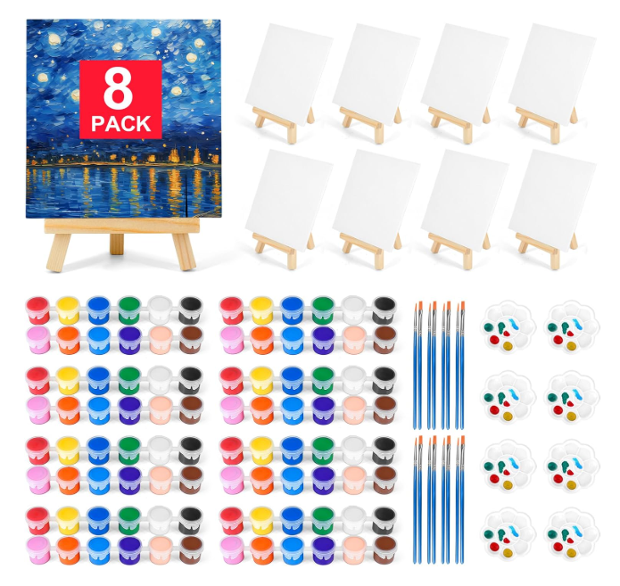 4 Pack 8 * 10In Canvas Boards for Painting, Art Canvas for Drawing with 16 Brushes & 8 Paint Trays & 16 Acrylic Paint, Mini Painting Canvas with Easel Set, Painting Kits for Adults Party