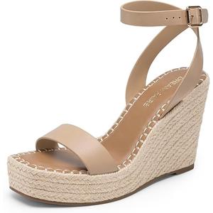 DREAM PAIRS Women's Open Toe Platform Sandals Adjustable Buckle Ankle Strap Comfortable Summer Espadrille Wooden Heeled Wedge Fashion Dressy Shoes, Size 7, Nude