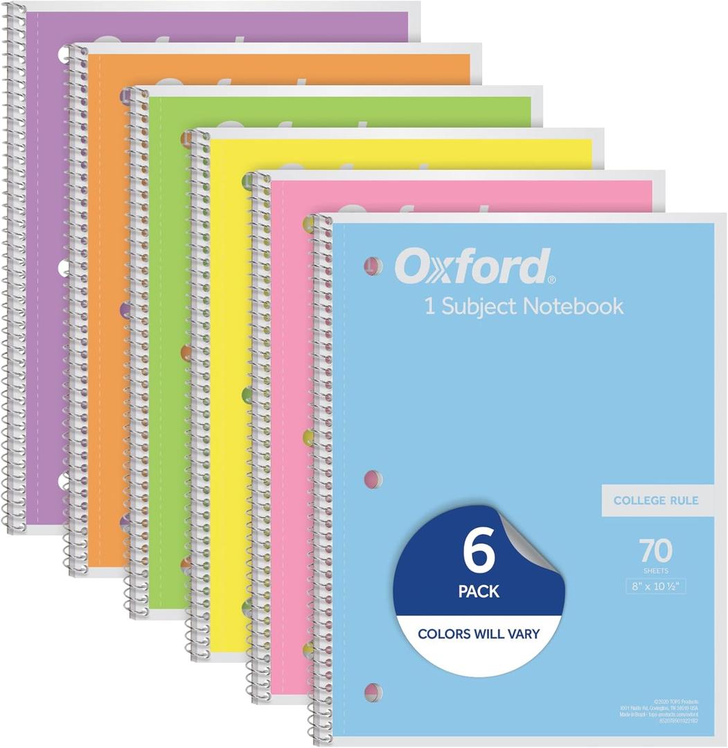 Oxford Spiral Notebook, 1 Subject, College Ruled Paper, 8 x 10-1/2 Inch, Pastel Pink, Orange, Yellow, Green, Blue and Purple, 70 Sheets (63756), Set of 6