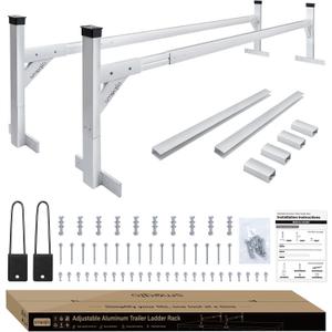 Trailer Ladder Rack Aluminium - 5.77'-8.65' Adjustable with Ladder Stoper, Silver, Enclosed & Open Trailer Compatible