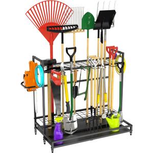 VGMiu Garden Tool Organizer for Garage, Yard Tool Rack, Holds Up to 64 Long-Handled Tools, Black Metal Garden Tools Rack Storage with Hooks for Yard Shed Garage Organization