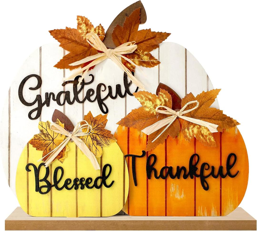 Fall Decorations for Home, Wooden Pumpkin Tabletop Sign Blessed Grateful Thankful Fall Decor for Home Farmhouse Living Room Harvest Day Thanksgiving Decor