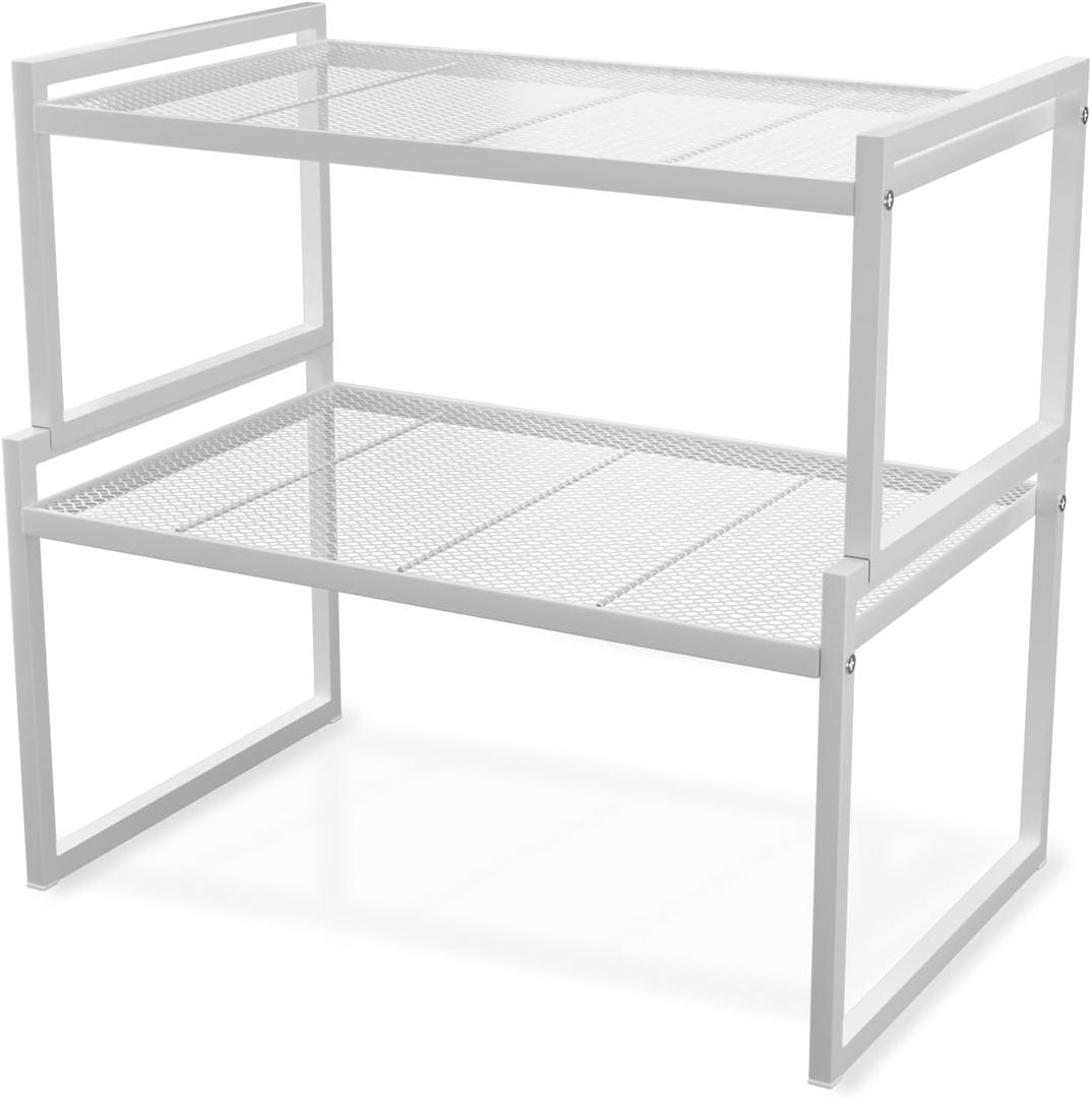 Set of 2 Kitchen Cabinet Organizer Shelf Stackable Sturdy Metal Counter Countertop Pantry Storage Rack (16.6''W, White)