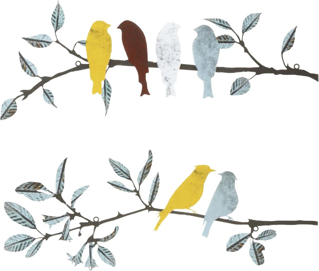Demissle 2 Pcs Metal Birds Wall Art Decor Vivid Birds on Branch with Leaves Rustic Wall Decor Waterproof Metal Sculpture Hanging Sign for Home Balcony Garden Indoor Outdoor(Fresh Colors)