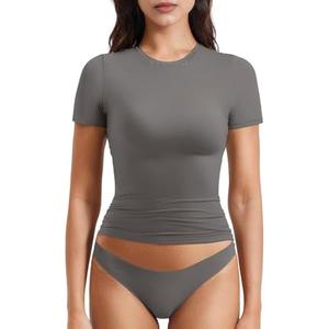 YEOREO Women Fitted Workout Tops Short Sleeve Double Lined Basic Y2K Going Out Crew Neck Compression Crop Top, Small