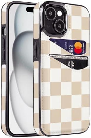 Obbii for iPhone 15 Case with Card Holder Soft Leather Wallet Case Protective Shockproof Hard Cover for Women Man (Checkerboard)