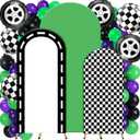 34 Pcs Arch Backdrop Covers Monster Truck Party Decorations 4ft 5ft 6ft Monster Truck Checkered Backdrop with Green Purple Black Balloon Backgrounds for Birthday Party Supplies
